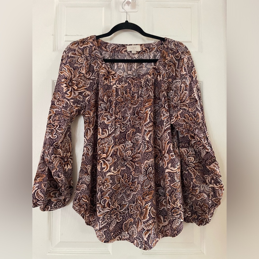 LOFT Brown and Cream Floral Paisley Peasant Blouse